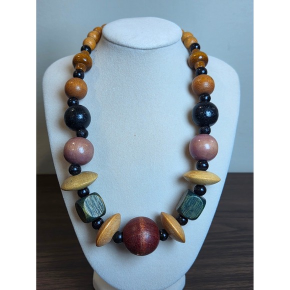 Jewelry - Chunky Wooden Bead Statement Necklace Earthy Multi Color Geometric Boho
